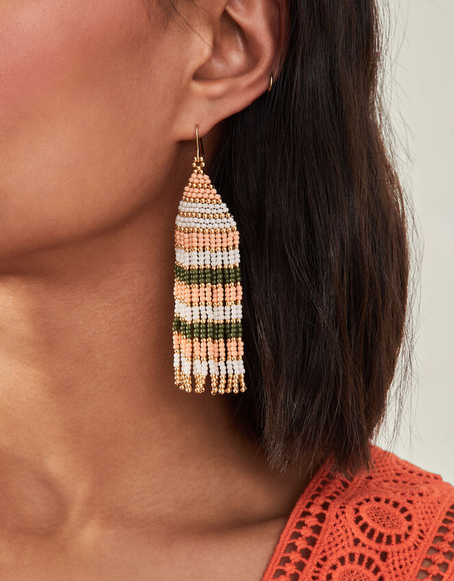 Stripe Beaded Tassel Earrings, , large