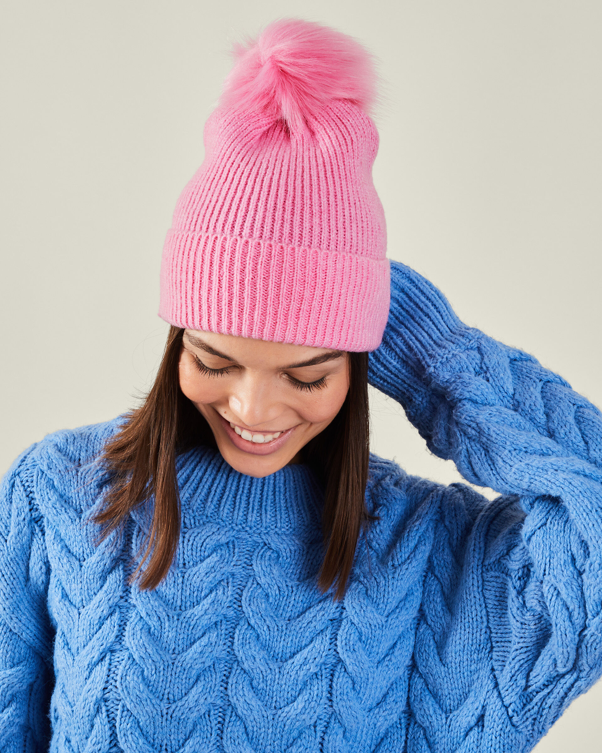 Faux Fur Pom Rib Beanie Hat Hats Accessorize Global