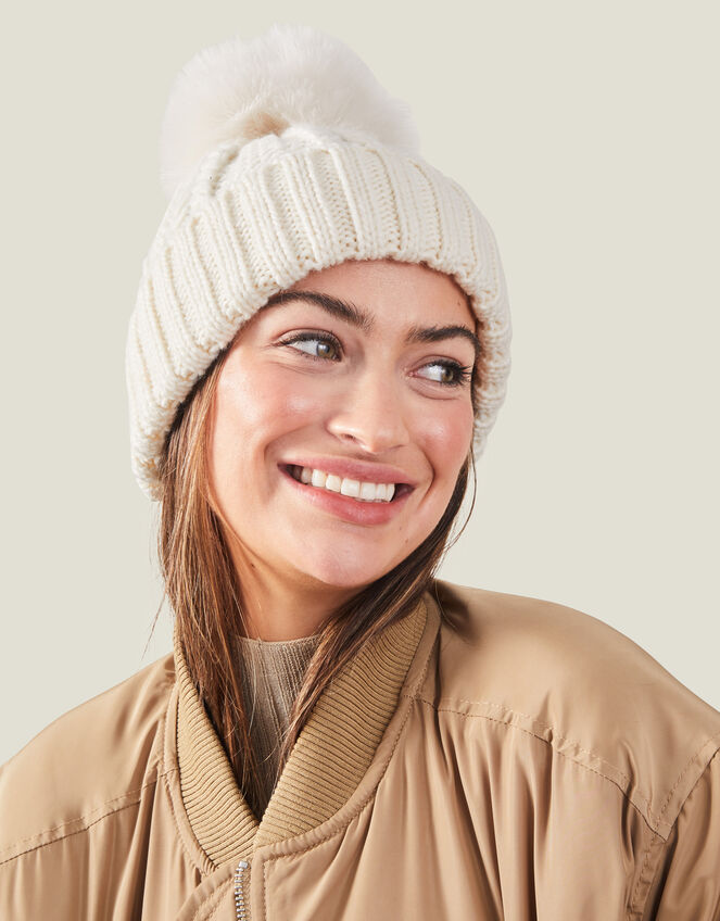 Pom-Pom Beanie Hat, Cream (CREAM), large
