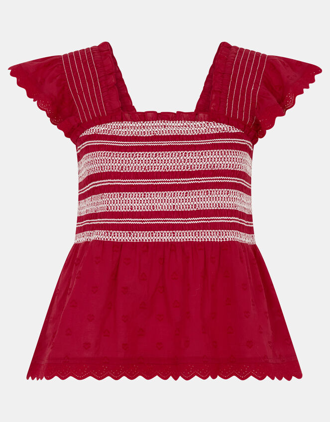 Smocked Broderie Top, Red (RED), large