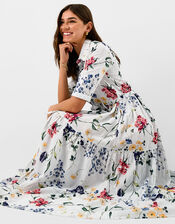 Floral Print Belted Maxi Dress, Ivory (IVORY), large