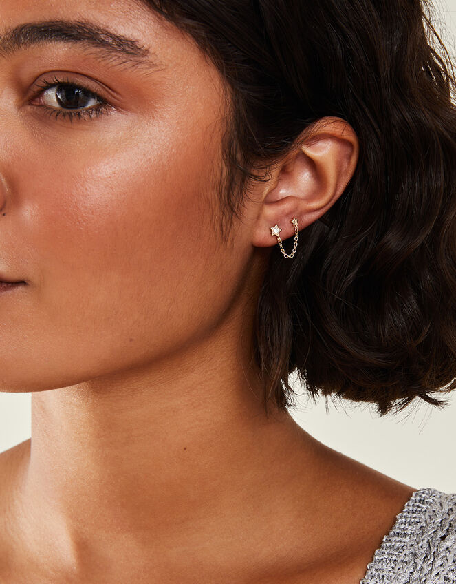 2-Pack 14ct Gold-Plated Celestial Chain Stud and Hoop Earrings, , large