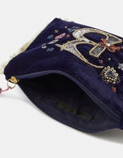 Embellished Initial Velvet Pouch , Blue (NAVY), large