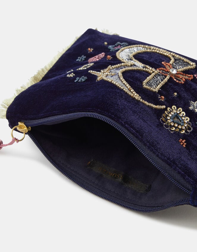 Embellished Initial Velvet Pouch , Blue (NAVY), large
