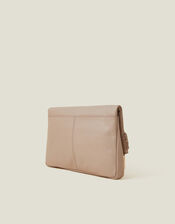 Leather Woven Clutch Bag, Nude (NUDE), large