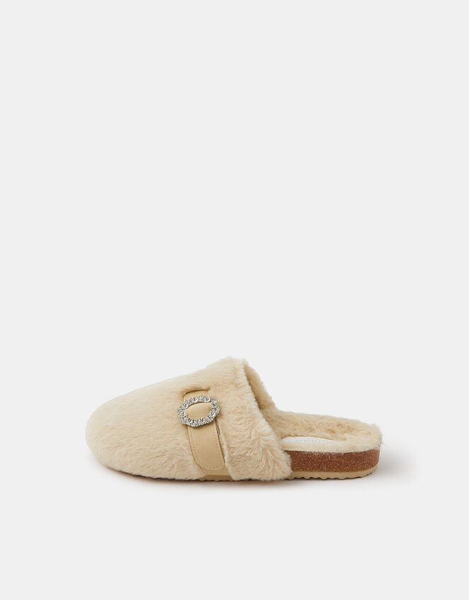 Sparkle Buckle Faux Fur Slippers, Natural (NATURAL), large