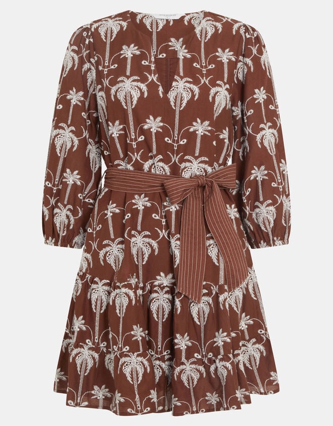 Palm Embroidered Mini Dress, Brown (BROWN), large