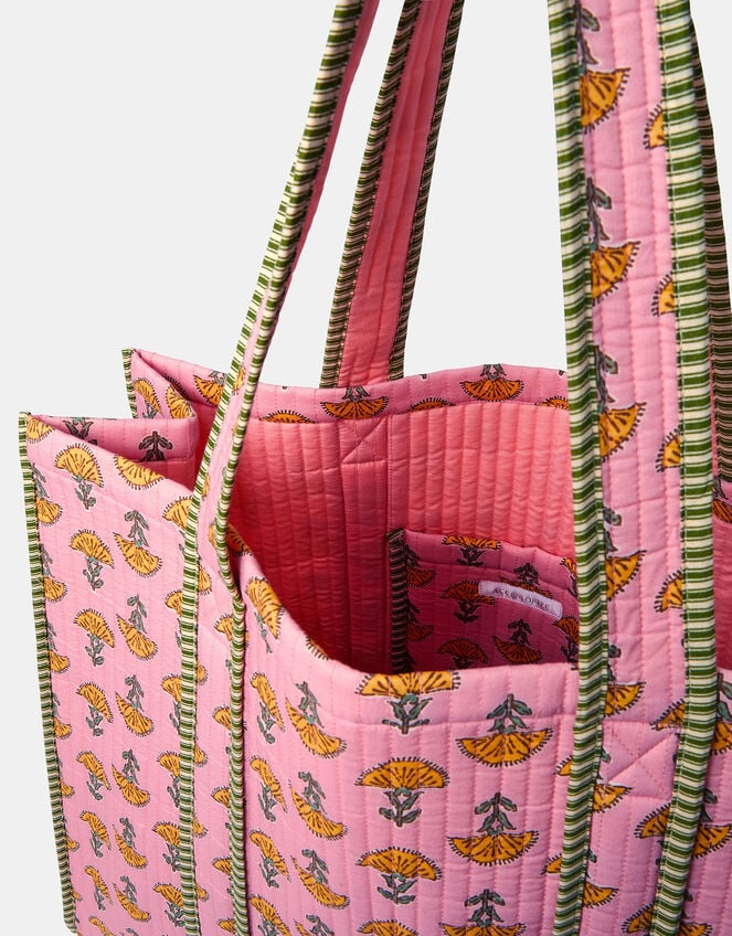 Floral Block Print Quilted Tote Bag, , large