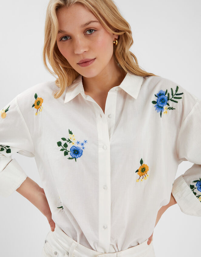 Floral Embroidered Cotton Shirt, White (WHITE), large