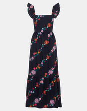 Floral Print Frill Maxi Dress, Black (BLACK), large