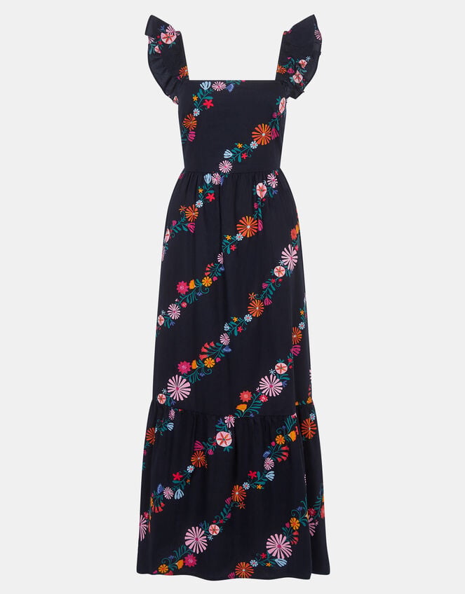 Floral Print Frill Maxi Dress, Black (BLACK), large