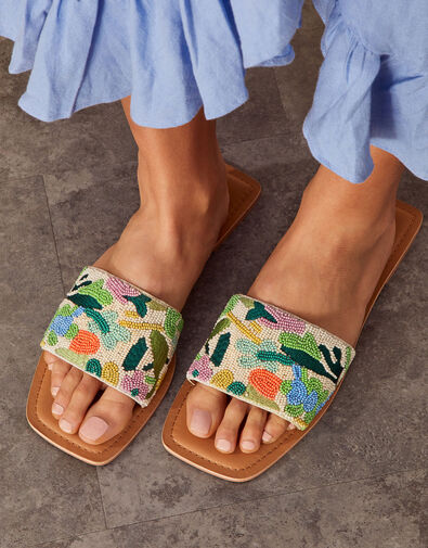 Abstract Floral Embellished Beaded Sliders Multi, Multi (PASTEL-MULTI), large