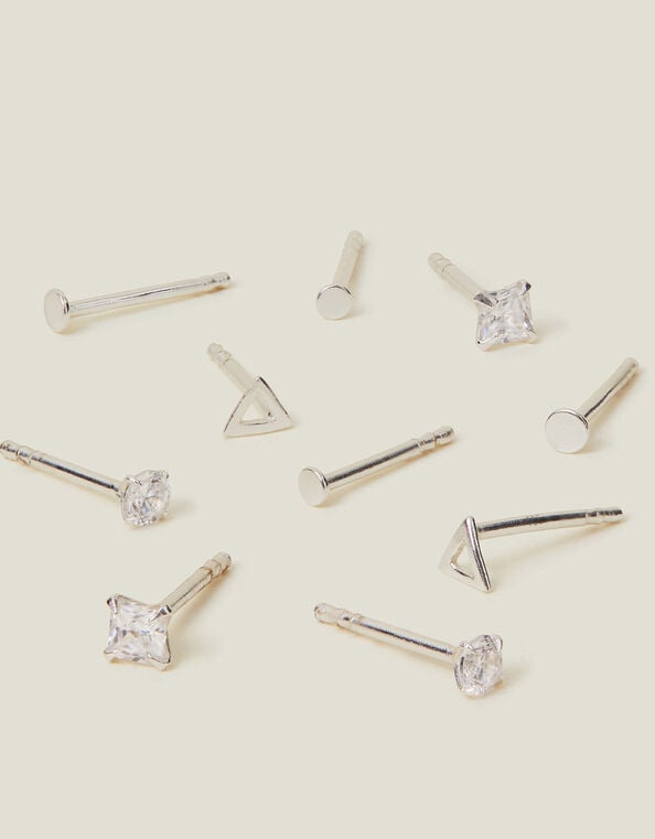 5-Pack Sterling Silver Shape Stud Earrings, Silver (ST SILVER), large