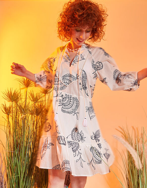 Shell Embroidered Mini Dress, White (WHITE), large