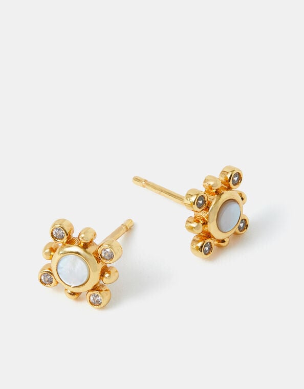 14ct Gold-Plated Diamanté Flower Stud Earrings, , large