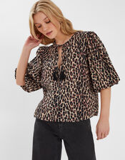 Puff Sleeve Cotton Blouse, Leopard (LEOPARD), large