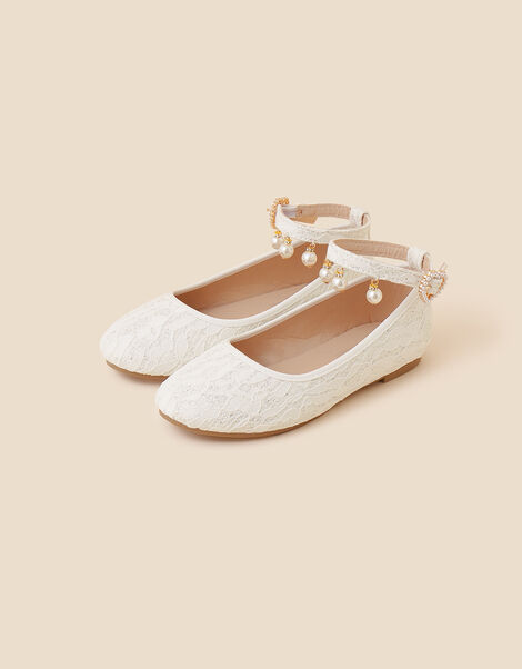 Lace and Pearl Ankle Strap Ballerina Flats, Ivory (IVORY), large