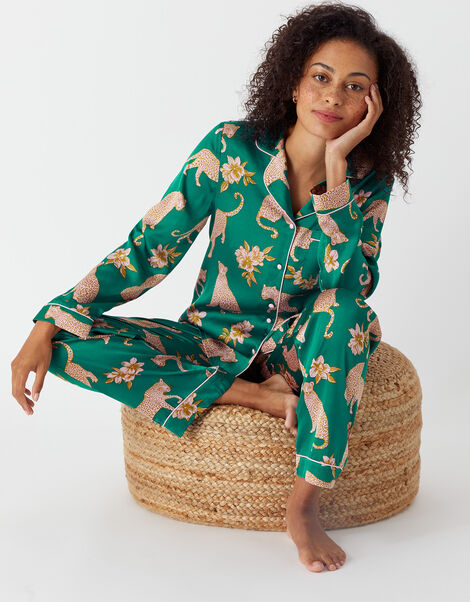 Leopard Printed Satin Pyjama Set Teal, Teal (TEAL), large