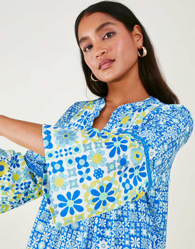 Retro Tile Print Dress, Blue (BLUE), large