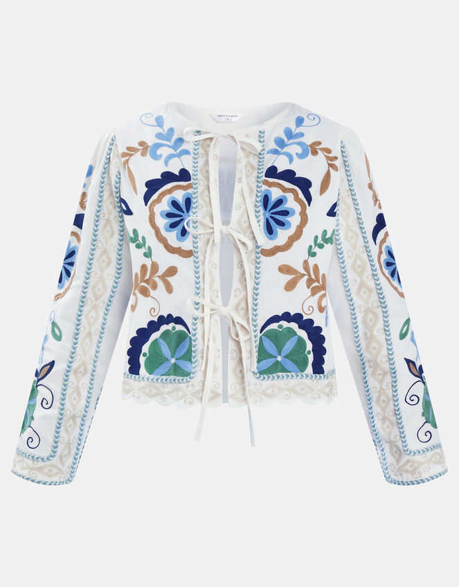 Embroidered Tie-Front Jacket, White (WHITE), large