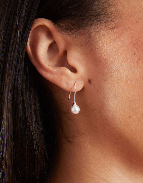 Sterling Silver Sleek Pearl Drop Earrings, , large