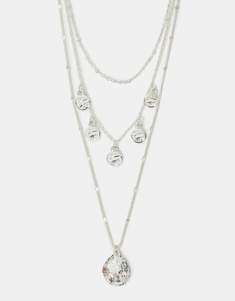 Textured Disc Charm Layered Necklace Silver, , large