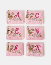 Girls Embroidered Sausage Dog Initial Velvet Pouch, Pink (PINK), large