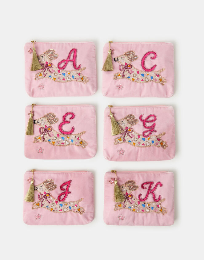 Girls Embroidered Sausage Dog Initial Velvet Pouch, Pink (PINK), large