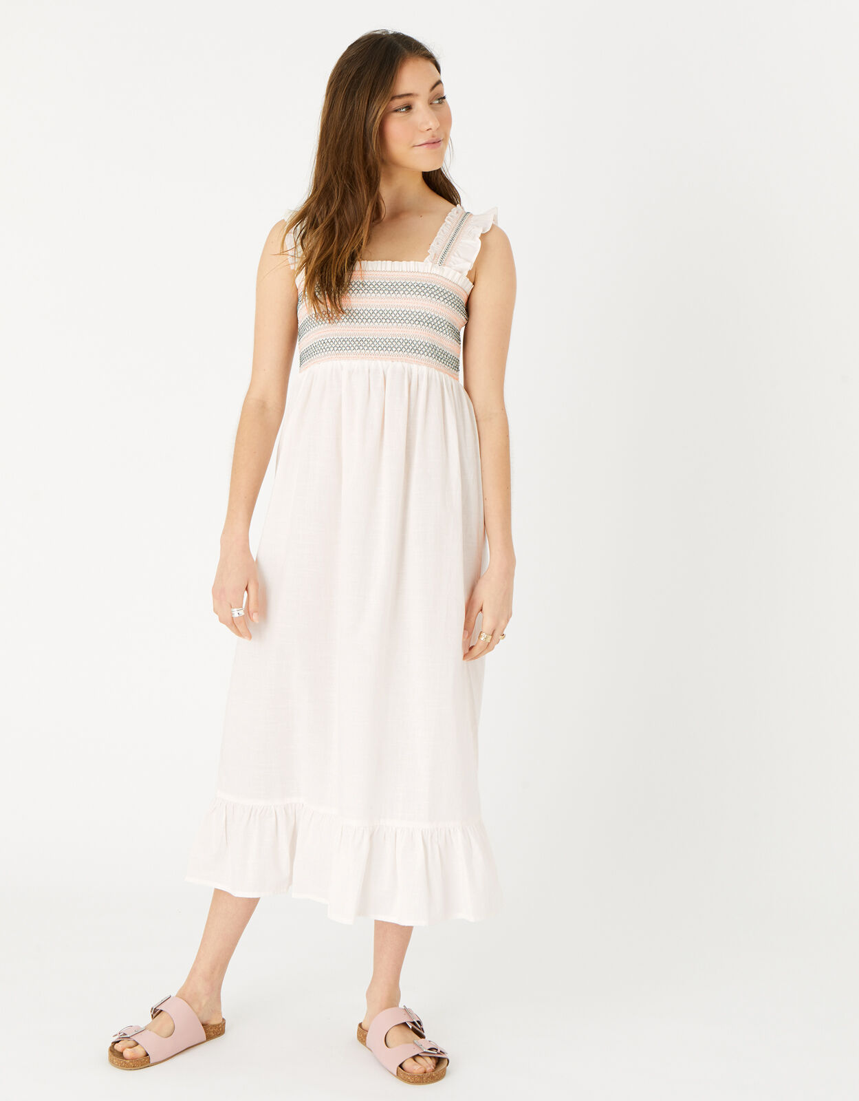 Ruffle Shoulder Smocked Midi Dress Ivory