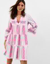 Flute Sleeve Jacquard Shimmer Mini Dress, Pink (PINK), large