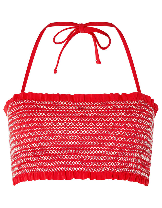Smocked Bandeau Bikini Top with Recycled Polyester, Red (RED), large