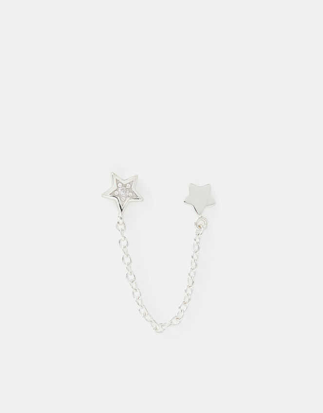 Sterling Silver Star Chain Double Stud Earring, , large
