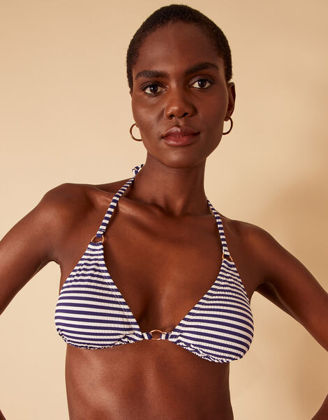 Ring Detail Stripe Triangle Bikini Top Blue, Blue (NAVY), large