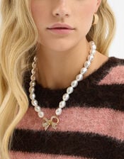 Diamanté Bow Pearl Necklace, , large