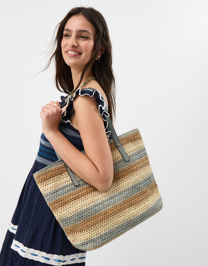 Stripe Raffia Shoulder Bag, , large