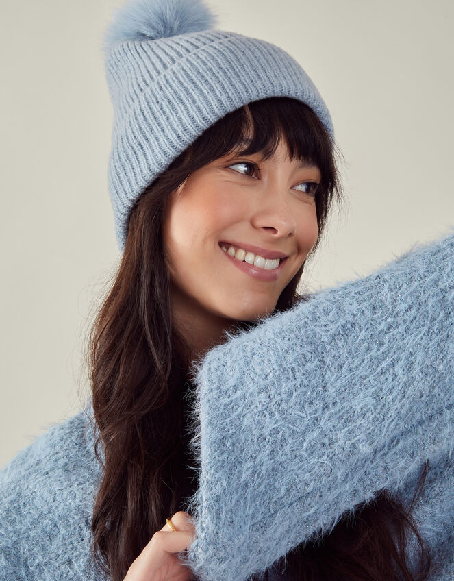 Faux Fur Pom Rib Beanie Hat, Blue (BLUE), large