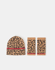 Leopard Print Beanie & Fingerless Gloves Set, , large