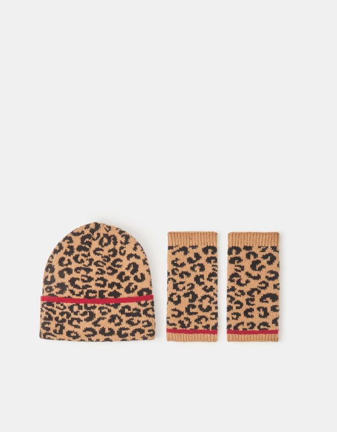 Leopard Print Beanie & Fingerless Gloves Set, , large