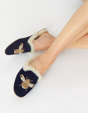 Bee Faux Fur Slippers, Blue (NAVY), large