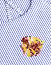 Girls Fish Embroidered Stripe Swimsuit, Blue (BLUE), large