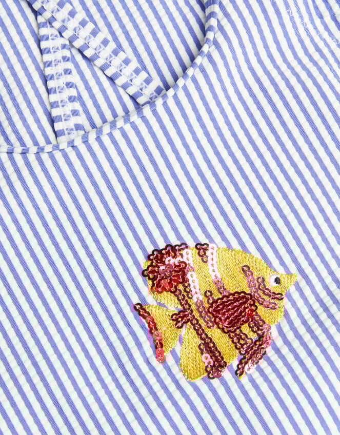 Girls Fish Embroidered Stripe Swimsuit, Blue (BLUE), large