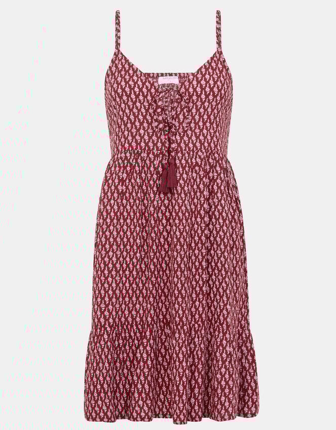 Flower Print Mini Dress, Red (BURGUNDY), large