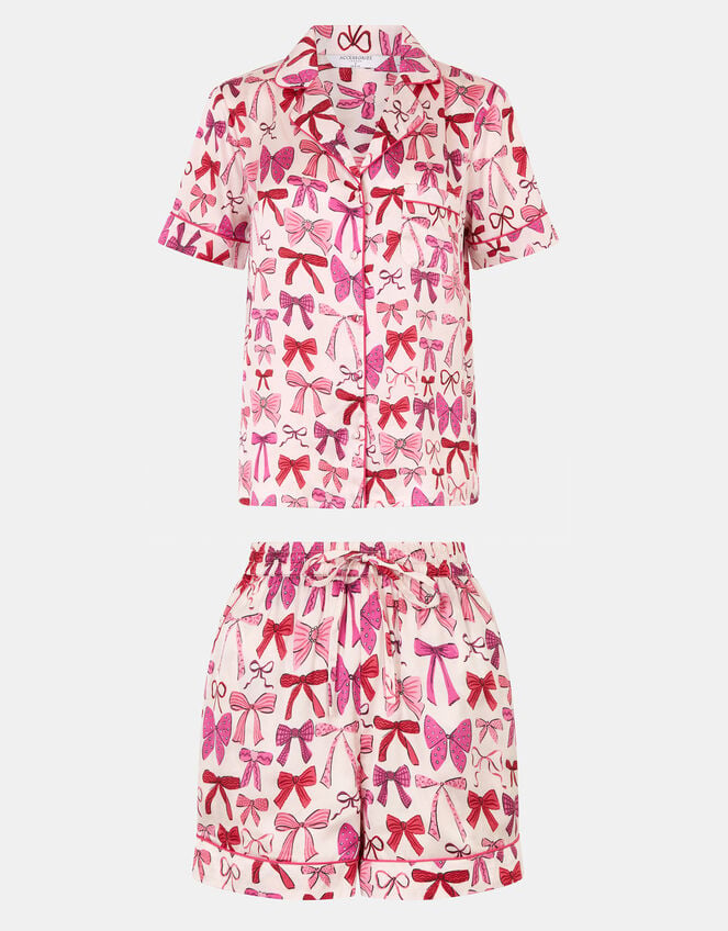 Bow Print Satin Short Pyjamas Set, Pink (PINK), large