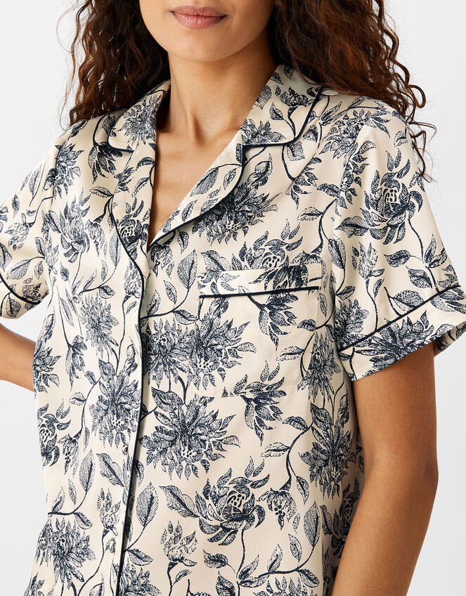 Floral Print Satin Short Pyjama Set, Blue (NAVY), large
