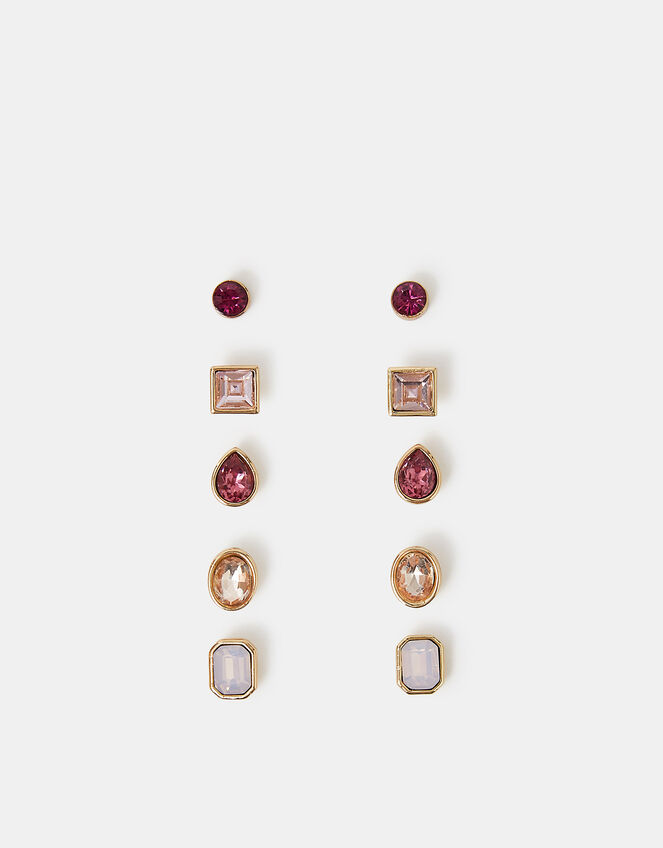 5-Pack Gem Stud Earrings Pink, , large