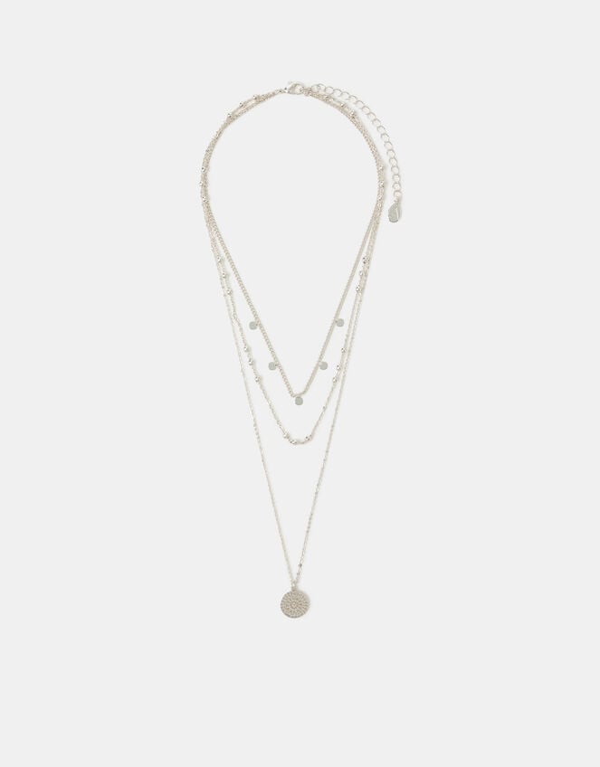 Filigree Coin Pendant Layered Necklace, Silver (SILVER), large