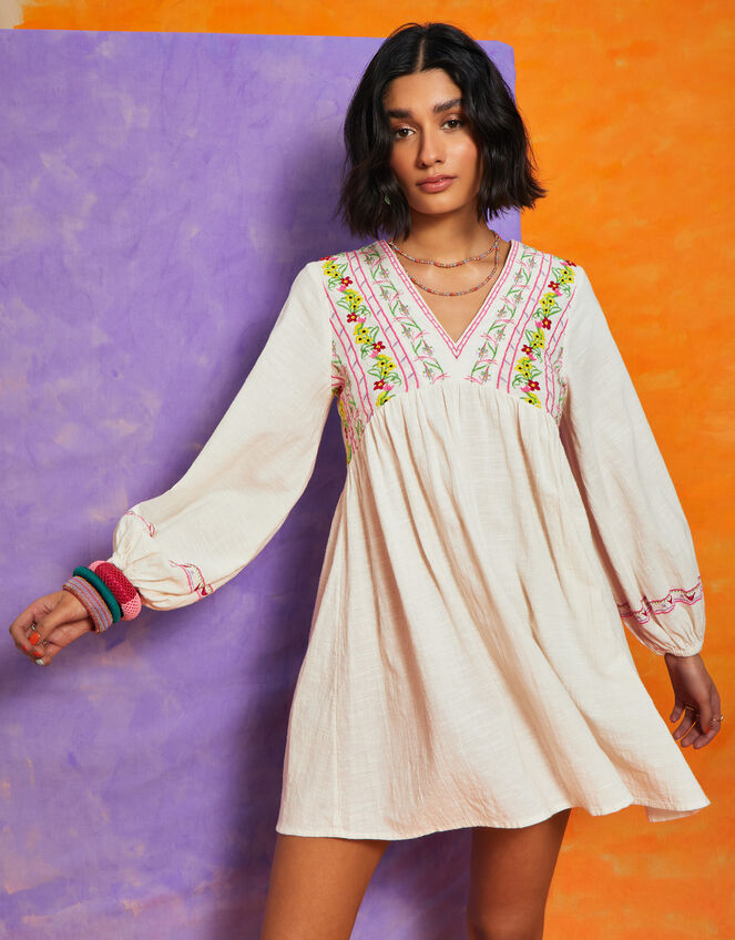 Floral Embroidered Mini Dress, Ivory (IVORY), large