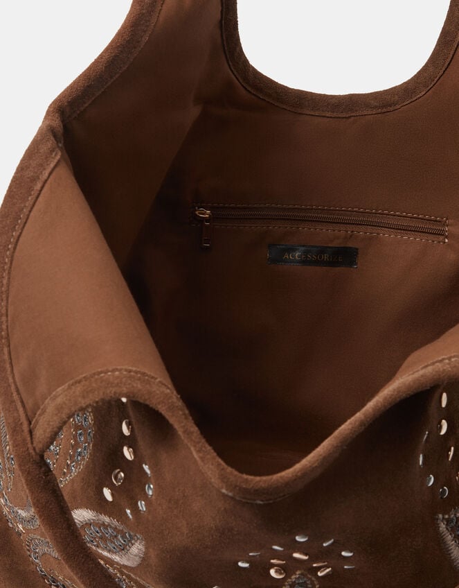 Stud Embroidered Suede Tote Bag, , large