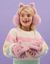 Girls Cat Faux Fur Earmuffs and Gloves Set, Pink (PINK), large