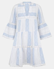 Jacquard Flute-Sleeve Mini Dress, Ivory (IVORY), large